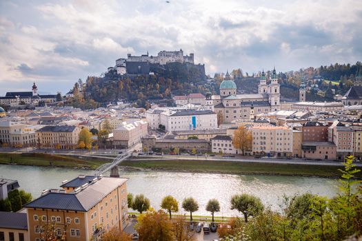 Salzburg historic district at autumn time, colorful leaves and colors with sunshine, Austria