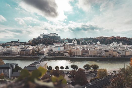 Salzburg historic district at autumn time, colorful leaves and colors with sunshine, Austria