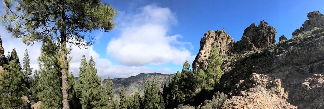 Panorama landscape around the Roque Nublo a volcanic rock on the island of Gran Canaria