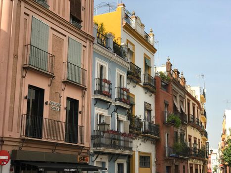Colorful houses in the streets of Seville Spain