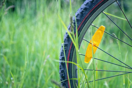 Close up picture of a mountain bike tire in the grass, summer day