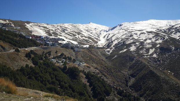 Snowy mountain landscape in Sierra Nevada National Park Spain