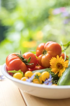 Fresh colorful vegetables in a bowl, raised in the own garden. Tomatoes, zucchini, flowers and herbs.