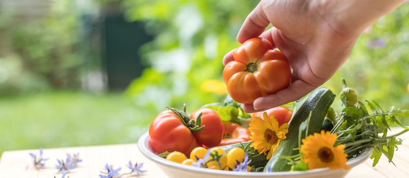 Fresh colorful vegetables in a bowl, raised in the own garden. Tomatoes, zucchini, flowers and herbs.