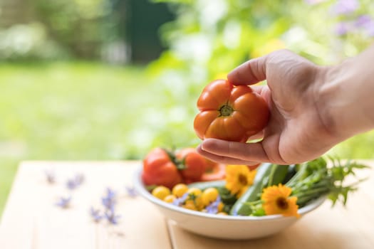 Fresh colorful vegetables in a bowl, raised in the own garden. Tomatoes, zucchini, flowers and herbs.