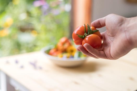 Fresh colorful vegetables in a bowl, raised in the own garden. Tomatoes, zucchini, flowers and herbs.