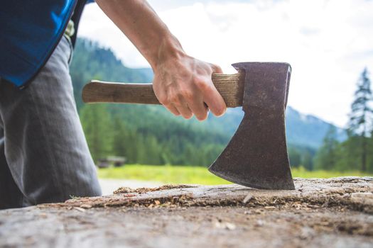 Close up of old male hand holding axe attached to a tree trunk, countryside