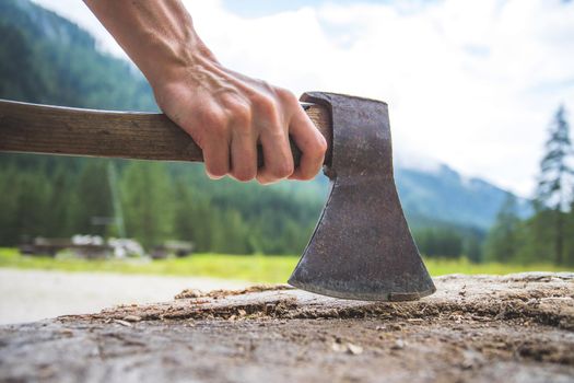 Close up of old male hand holding axe attached to a tree trunk, countryside