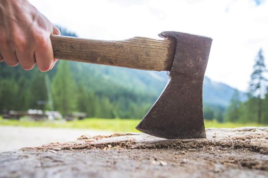 Close up of old male hand holding axe attached to a tree trunk, countryside