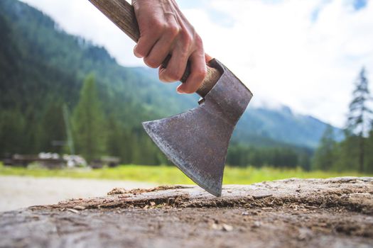 Close up of old male hand holding axe attached to a tree trunk, countryside