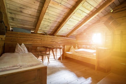 Inside of a rustic wooden alpine hut or cabin, Austria