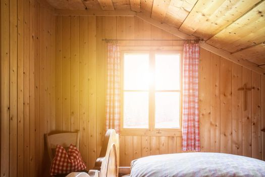 Inside of a rustic wooden alpine hut or cabin, Austria