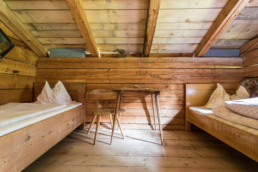 Inside of a rustic wooden alpine hut or cabin, Austria