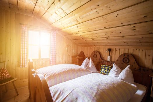 Inside of a rustic wooden alpine hut or cabin, Austria