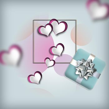 Romantic love card in pastel colours, hearts, gift box. 3D illustration