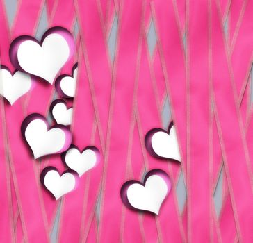 Valentines card with paper hearts on pink ribbons background. 3D render