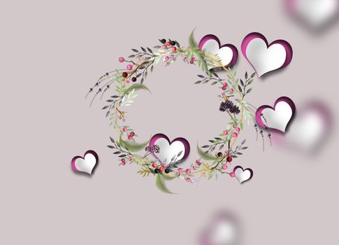 Pretty romantic pastel love Valentine card. Paper hearts floral wreath on pastel pink background. 3D render