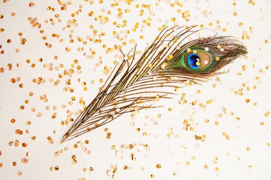Peacock feather with confetti laid out on a table