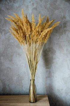 dried flower vase stands on a wooden table near a concrete wall