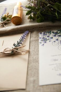 boho style wedding bouquet on table with linen tablecloth