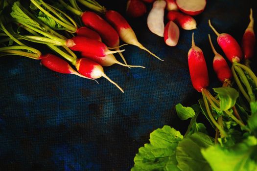 radish on a blue background laid out in groups