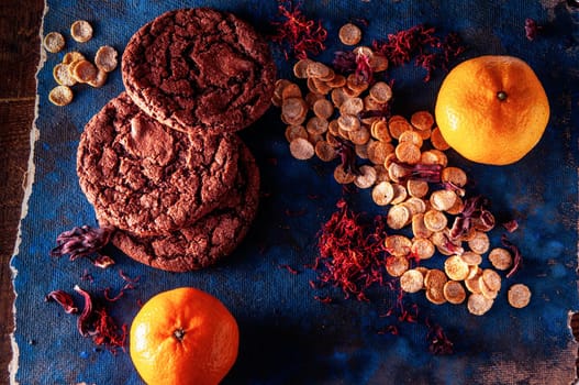 still life on a blue background with american dry crispy cookies and tangerines