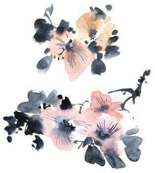 Watercolor and ink illustration of tree branch in bloom - with flowers, buds and leaves. Oriental traditional painting in style sumi-e, u-sin and gohua.