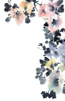 Watercolor and ink illustration of tree branch in bloom - with flowers, buds and leaves. Oriental traditional painting in style sumi-e, u-sin and gohua. Background design for greeting card, invitation or cover.