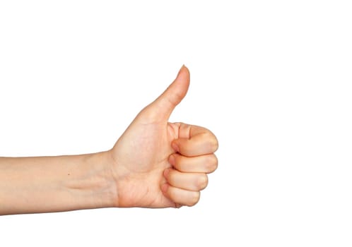 Hand gesture - thumbs up, isolated on a white background. The female palm points to something that is empty for your design.