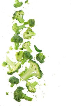 Broccoli pattern isolated on a white background. Various multiple parts of broccoli flower. Top view.