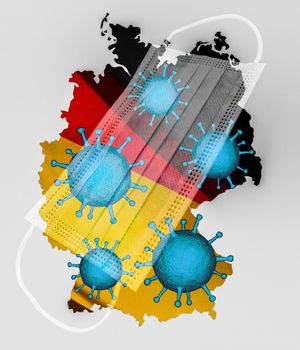 Lockdown. Germany map with light blue medical mask. No Ffp2 mask. Virus illustration