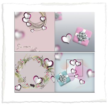 valentines day collage, hearts, pastel colours. Paper hearts, gift box, floral wreath on pastel background. 3d illustration