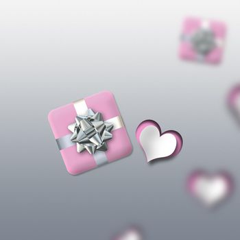 Elegant love card with pink hearts, gift box in pastel colours. Valentines design. 3D render