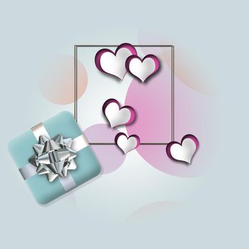 Elegant modern love card, paper hearts gift box on pink pastel background. 3D illustration. Romantic template for wedding, invitation, Valentines