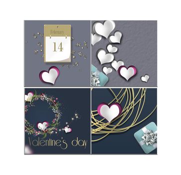 valentines day collage, hearts. Elegant set of cards with hearts, gift box, floral wreath. Valentines template, border, mock up. place for text. 3d illustration