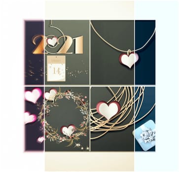 Vintage 2021 Valentines collage of hearts, digit 2021, gift box. Soft focus. 3D illustartion