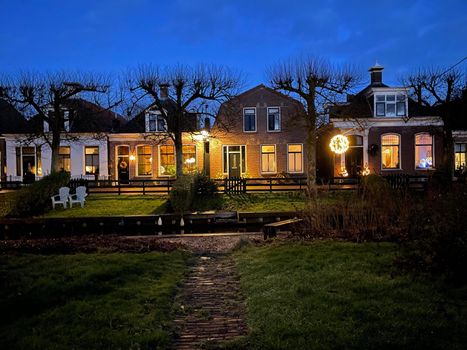 Houses at night in IJlst Friesland The Netherlands