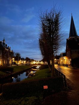 Canal at night in IJlst Friesland The Netherlands