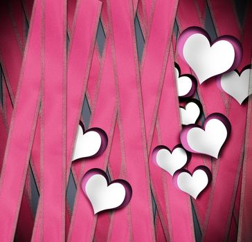 Valentines card with paper hearts on pink ribbons background. 3D illustration