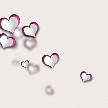 Pretty romantic pastel Valentine card. Paper hearts on pastel background, 3D render
