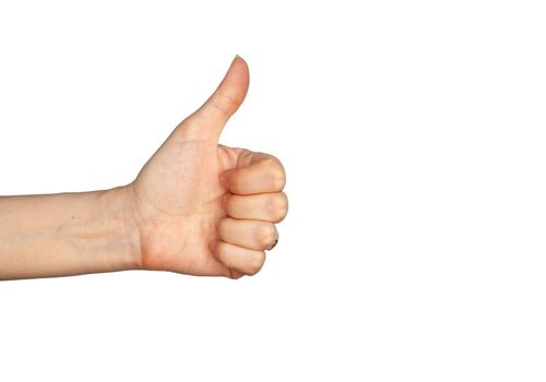 Hand gesture - thumbs up, isolated on a white background. The female palm points to something that is empty for your design.