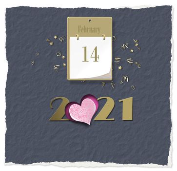 14 February 2021 Valentine card. Gold 2021, calendar with 14 February, punk heart. 3D illustration