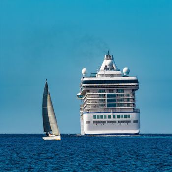 Luxury cruise liner underway. Tour travel and spa services
