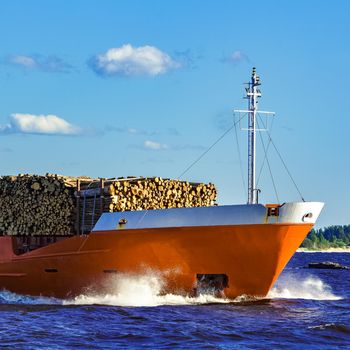 Orange bulk carrier sailing in clear summer day