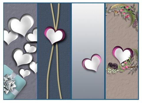 valentines day collage, hearts. Elegant set of cards with hearts. Valentines template, border, mock up. place for text. 3d illustration