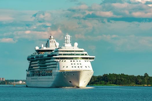 Luxury cruise liner underway. Tour travel and spa services