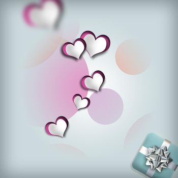 Romantic design, paper hearts on pastel background with gift box. 3D illustration