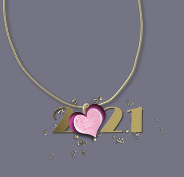 Valentines 2021 card, neckless heart, 2021 digit on grey pastel paper background. Beautiful love Valentines design. 3D illustration