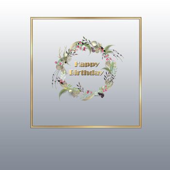 Gold floral wreath for birthday, wedding invitation , valentines card. Gold text Happy Birthday 3D render