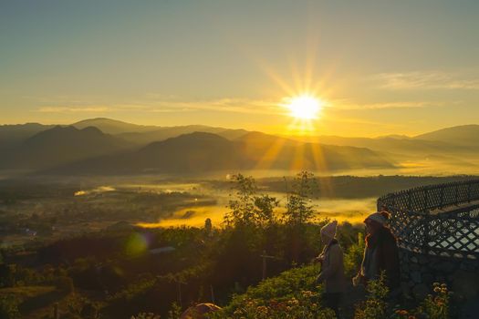 Maehongson, Thailand - December 14, 2020: Sunrise at Yun Lai Viewpoint in Pai district, Mae Hong Son province, Thailand.